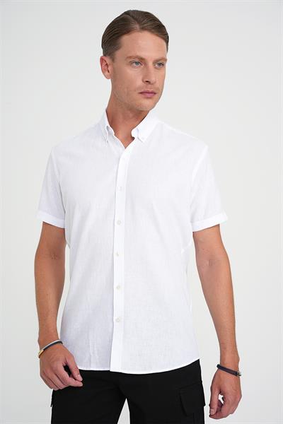 Comfort Fit Düğme Yaka Kısa Kol %100 Keten Düz Beyaz Gömlek G 1596