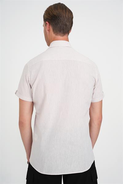 Comfort Fit Düğme Yaka Kısa Kol %100 Keten Düz Bej Gömlek G 1596