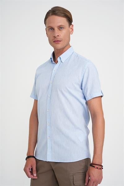 Comfort Fit Düğme Yaka Kısa Kollu %100 Keten Düz Mavi Gömlek G 1596