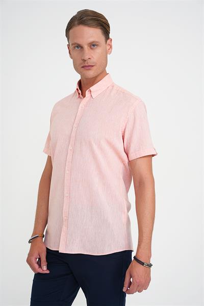 Comfort Fit Düğme Yaka Kısa Kol %100 Keten Düz Somon Gömlek G 1596
