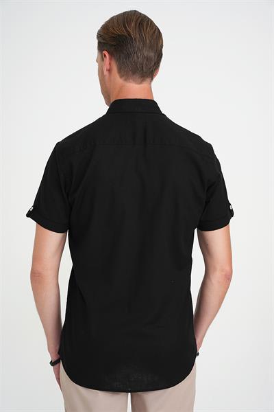 Comfort Fit Düğme Yaka Kısa Kol %100 Keten Düz Siyah Gömlek G 1596