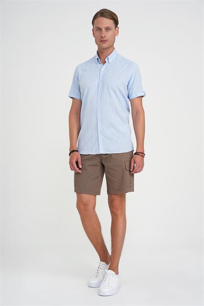 Comfort Fit Düğme Yaka Kısa Kol %100 Keten Düz Mavi Gömlek G 1596