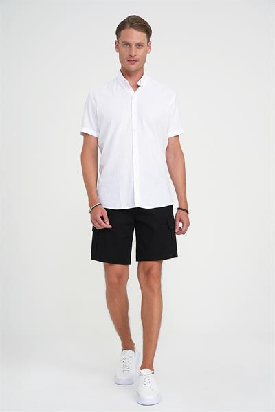 Comfort Fit Düğme Yaka Kısa Kol %100 Keten Düz Beyaz Gömlek G 1596