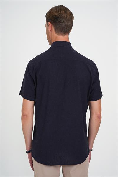 Comfort Fit Düğme Yaka Kısa Kol %100 Keten Düz Lacivert Gömlek G 1596