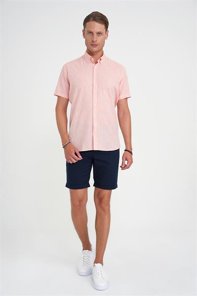 Comfort Fit Düğme Yaka Kısa Kol %100 Keten Düz Somon Gömlek G 1596