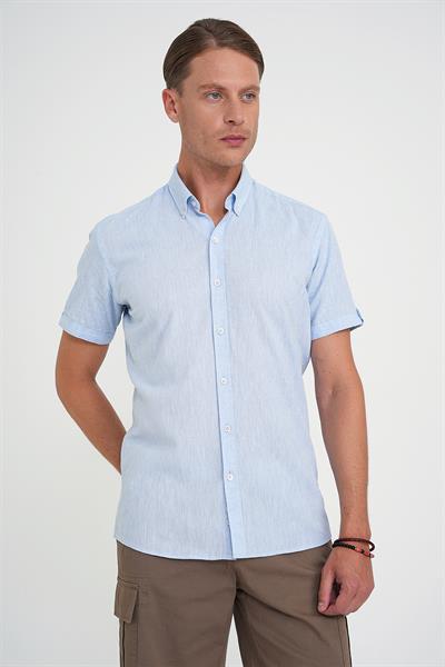 Comfort Fit Düğme Yaka Kısa Kol %100 Keten Düz Mavi Gömlek G 1596