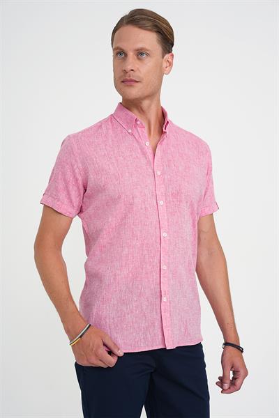Comfort Fit Düğme Yaka Kısa Kol %100 Keten Düz Mercan Gömlek G 1596