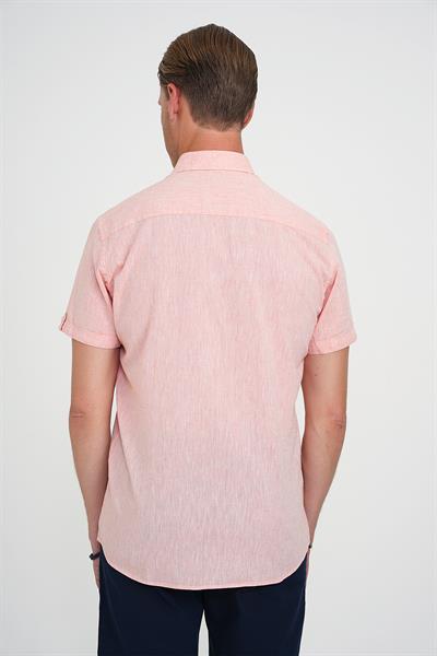 Comfort Fit Düğme Yaka Kısa Kol %100 Keten Düz Somon Gömlek G 1596