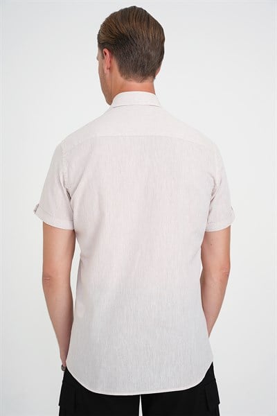 Comfort Fit Düğme Yaka Kısa Kollu %100 Keten Düz Bej Gömlek G 1596