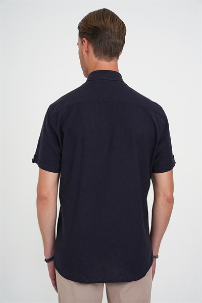 Comfort Fit Düğme Yaka Kısa Kollu %100 Keten Düz Lacivert Gömlek G 1596