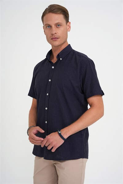 Comfort Fit Düğme Yaka Kısa Kollu %100 Keten Düz Lacivert Gömlek G 1596