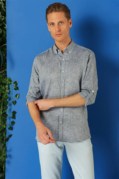 Comfort Fit Düğmeli Yaka %100 Keten Apoletli Casual Lacivert Gömlek G 1564