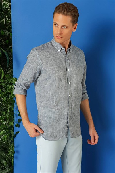 Comfort Fit Düğmeli Yaka %100 Keten Apoletli Casual Lacivert Gömlek G 1564