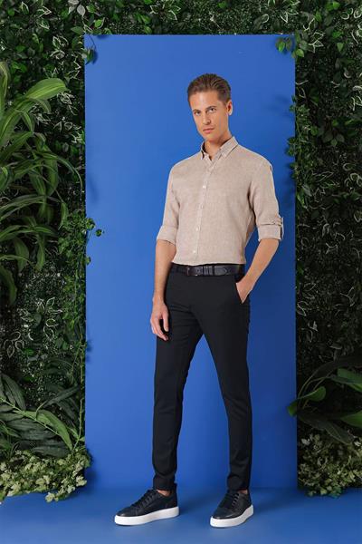 Comfort Fit Düğmeli Yaka %100 Keten Apoletli Casual Bej Gömlek G 1564