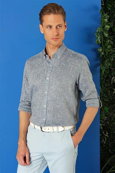 Comfort Fit Düğmeli Yaka %100 Keten Apoletli Casual Lacivert Gömlek G 1564