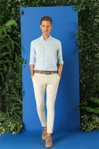 Comfort Fit Düğmeli Yaka %100 Keten Apoletli Casual Mavi Gömlek G 1564