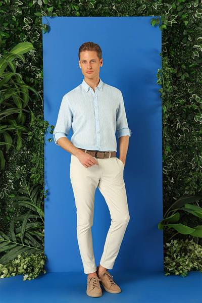 Comfort Fit Düğmeli Yaka %100 Keten Apoletli Casual Mavi Gömlek G 1564