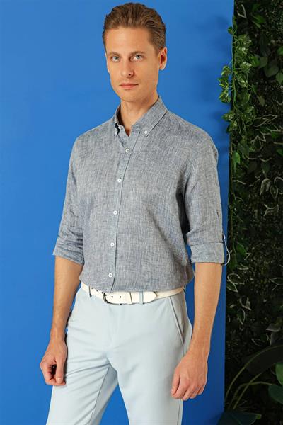 Comfort Fit Düğmeli Yaka %100 Keten Apoletli Casual Lacivert Gömlek G 1564