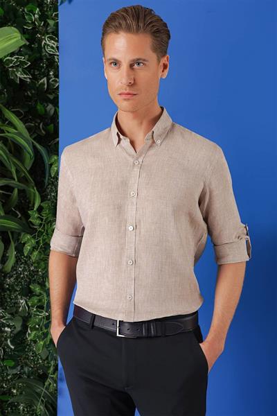 Comfort Fit Düğmeli Yaka %100 Keten Apoletli Casual Bej Gömlek G 1564