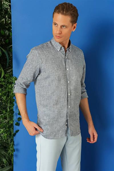 Comfort Fit Düğmeli Yaka %100 Keten Apoletli Casual Lacivert Gömlek G 1564