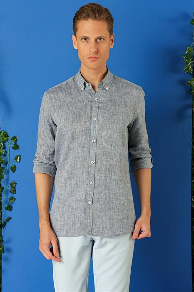 Comfort Fit Düğmeli Yaka %100 Keten Apoletli Casual Lacivert Gömlek G 1564