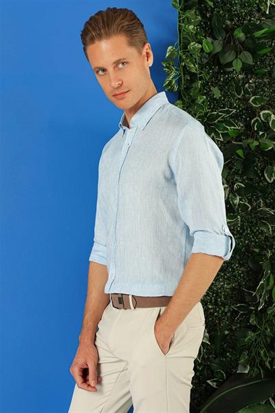 Comfort Fit Düğmeli Yaka %100 Keten Apoletli Casual Mavi Gömlek G 1564