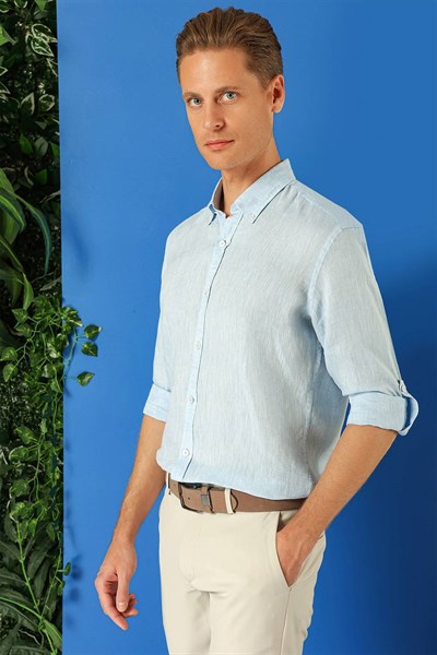 Comfort Fit Düğmeli Yaka %100 Keten Apoletli Casual Mavi Gömlek G 1564