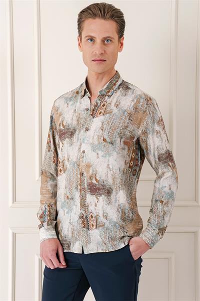 Comfort Fit Düğmeli Yaka Batik Desenli Pamuk Vizon Gömlek G 1566
