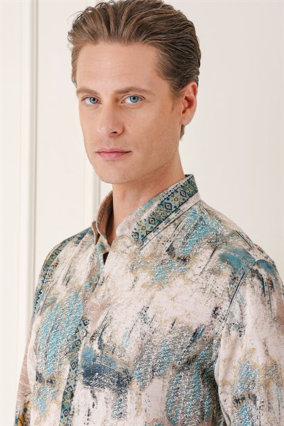 Comfort Fit Düğmeli Yaka Batik Desenli Pamuk Mint Gömlek G 1566