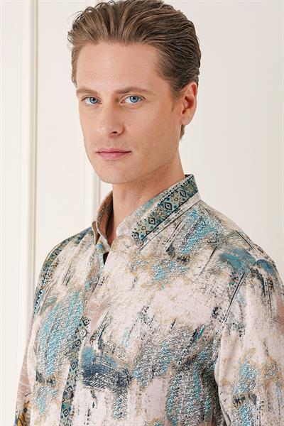 Comfort Fit Düğmeli Yaka Batik Desenli Pamuk Mint Gömlek G 1566