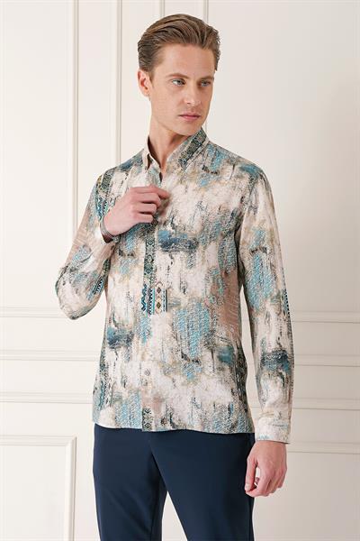 Comfort Fit Düğmeli Yaka Batik Desenli Pamuk Mint Gömlek G 1566