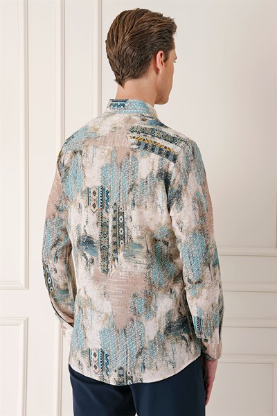 Comfort Fit Düğmeli Yaka Batik Desenli Pamuk Mint Gömlek G 1566