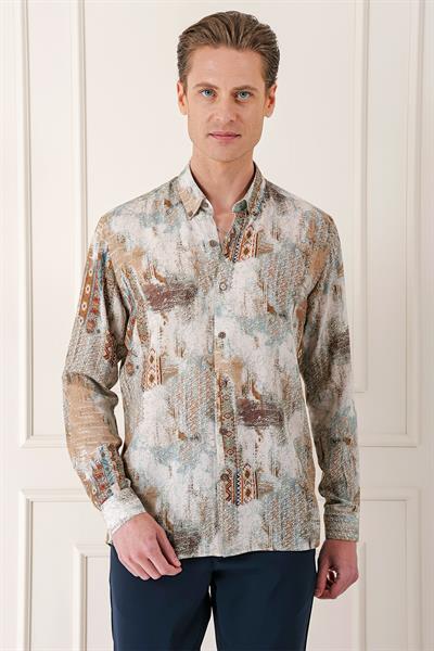 Comfort Fit Düğmeli Yaka Batik Desenli Pamuk Vizon Gömlek G 1566