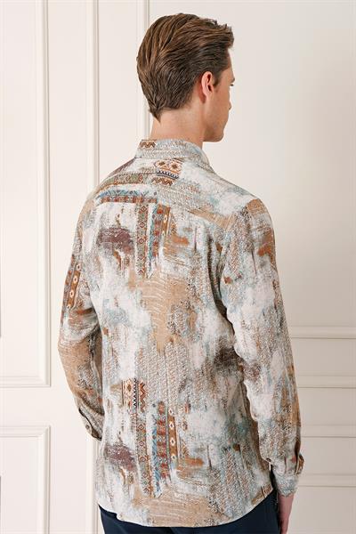 Comfort Fit Düğmeli Yaka Batik Desenli Pamuk Vizon Gömlek G 1566