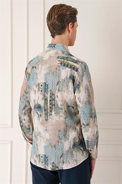 Comfort Fit Düğmeli Yaka Batik Desenli Pamuk Mint Gömlek G 1566
