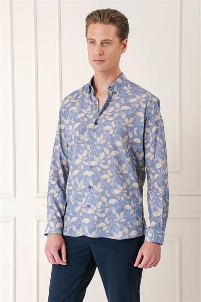 Comfort Fit Düğmeli Yaka Yaprak Desenli Pamuk Casual İndigo Gömlek G 1567