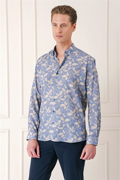 Comfort Fit Düğmeli Yaka Yaprak Desenli Pamuk Casual İndigo Gömlek G 1567