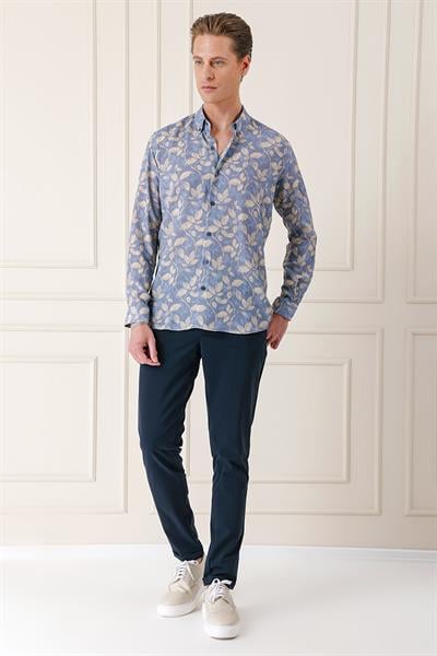Comfort Fit Düğmeli Yaka Yaprak Desenli Pamuk Casual İndigo Gömlek G 1567