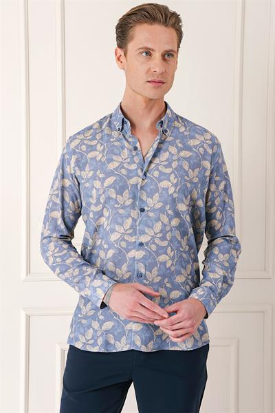 Comfort Fit Düğmeli Yaka Yaprak Desenli Pamuk Casual İndigo Gömlek G 1567