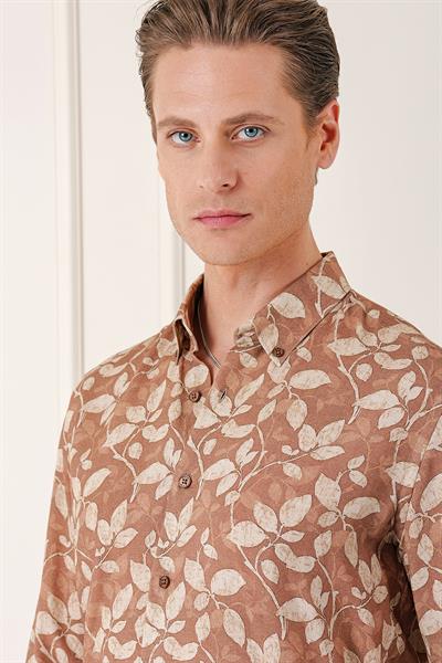 Comfort Fit Düğmeli Yaka Yaprak Desenli Pamuk Casual Vizon Gömlek G 1567