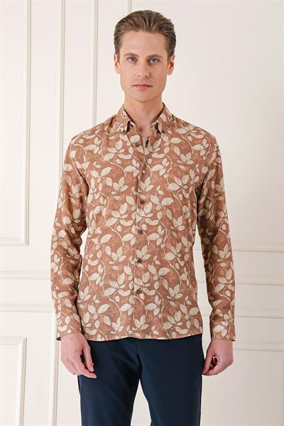 Comfort Fit Düğmeli Yaka Yaprak Desenli Pamuk Casual Vizon Gömlek G 1567