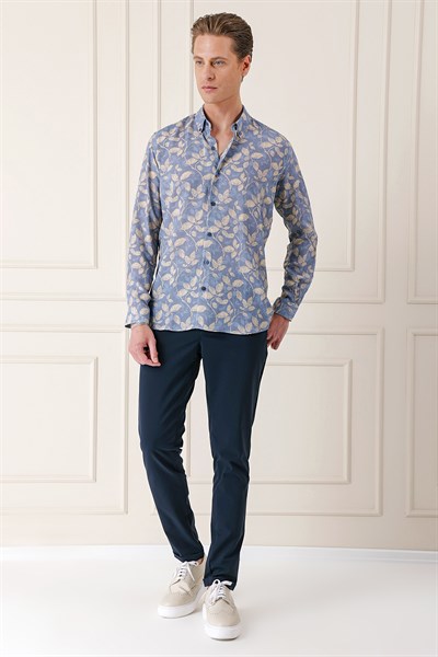 Comfort Fit Düğmeli Yaka Yaprak Desenli Pamuk Casual İndigo Gömlek G 1567