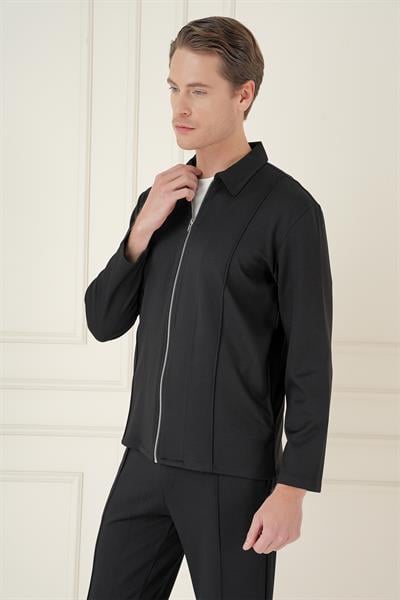 Comfort Fit Erkek Yaka Fermuarlı Esnek Pamuk Siyah Mont MT 174