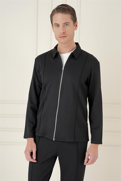 Comfort Fit Erkek Yaka Fermuarlı Esnek Pamuk Siyah Mont MT 174