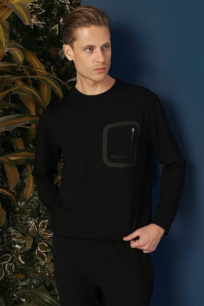 Comfort Fit Esnek %100 Pamuk Bisiklet Yaka Siyah Sweatshirt TS 874