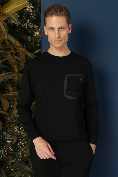 Comfort Fit Esnek %100 Pamuk Bisiklet Yaka Siyah Sweatshirt TS 874