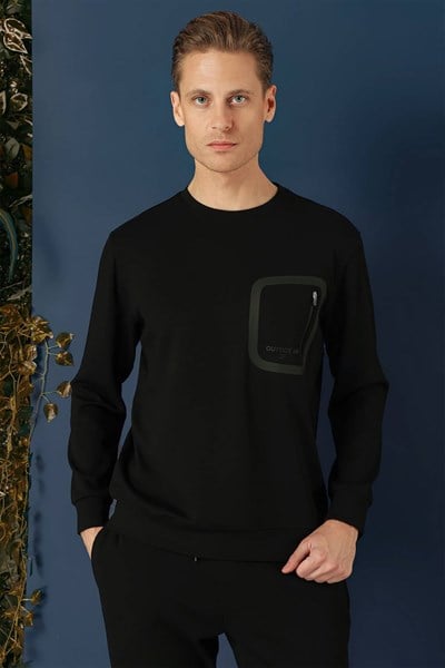 Comfort Fit Esnek %100 Pamuk Bisiklet Yaka Siyah Sweatshirt TS 874