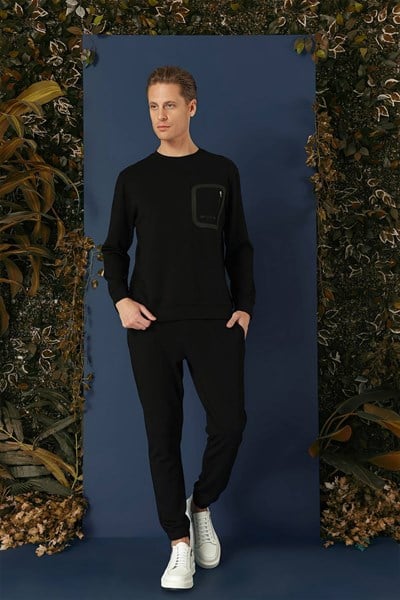 Comfort Fit Esnek %100 Pamuk Bisiklet Yaka Siyah Sweatshirt TS 874