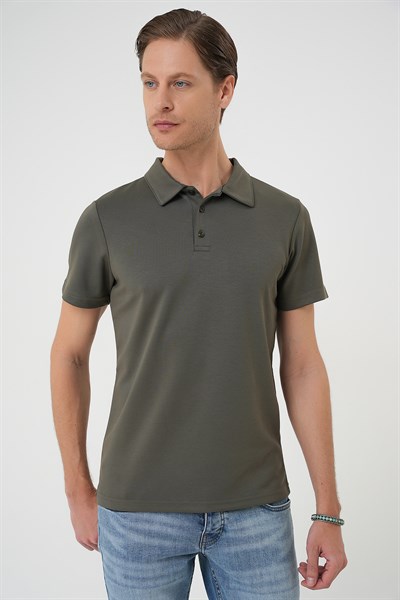 Comfort Fit Esnek Pamuk Düğmeli Haki Polo Yaka Tişört Ts 886