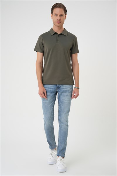 Comfort Fit Esnek Pamuk Düğmeli Haki Polo Yaka Tişört Ts 886